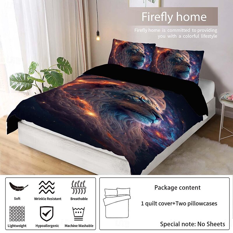 Colorful Neon Lion Head 3-Piece Down Duvet Cover Set for Hotel Bedroom Guest Rooms Bdding Comfort Set4