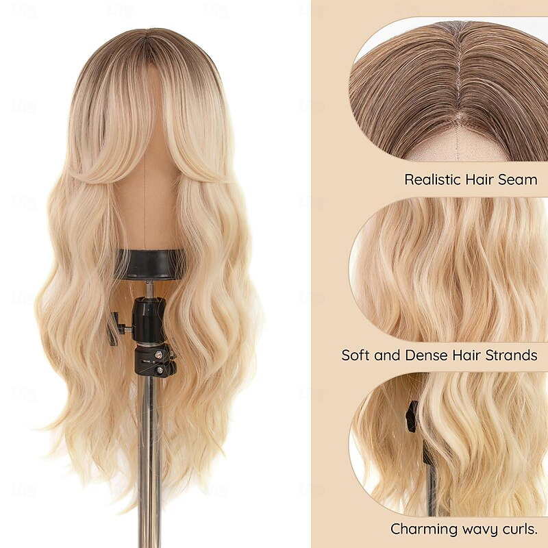 Long Blonde Wigs Middle Part Wavy Wig with Bang Natural Heat Resistant Fiber Synthetic Wig For Party Event Cosplay Daily Use Halloween Wigs4