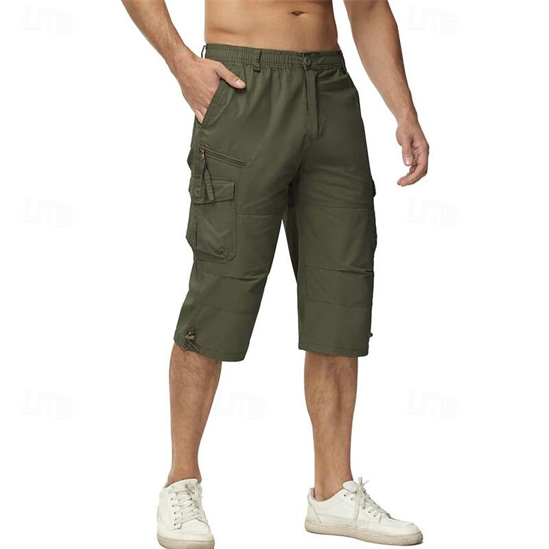 Men's Cargo Shorts Capri Pants Hiking Shorts Buttons Elastic Waist Multi Pocket Plain Wearable Calf-Length Outdoor Daily Camping & Hiking Fashion Classic Black Army Green