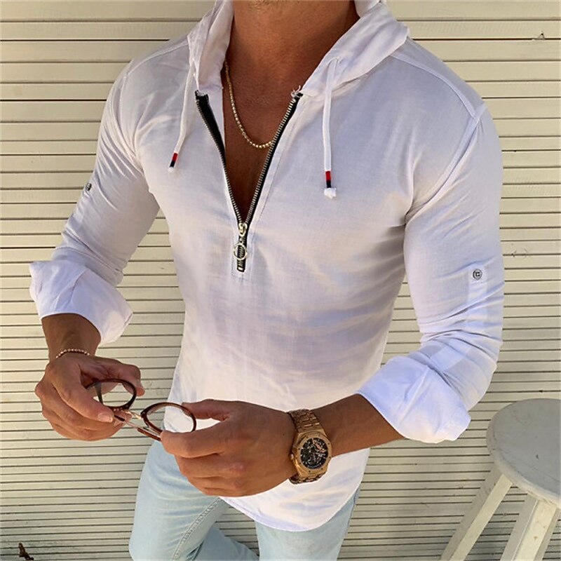 Men's Shirt Summer Shirt Casual Shirt Beach Shirt Black White Long Sleeve Plain Hooded Hawaiian Holiday Zipper Clothing Apparel Fashion Casual Comfortable3