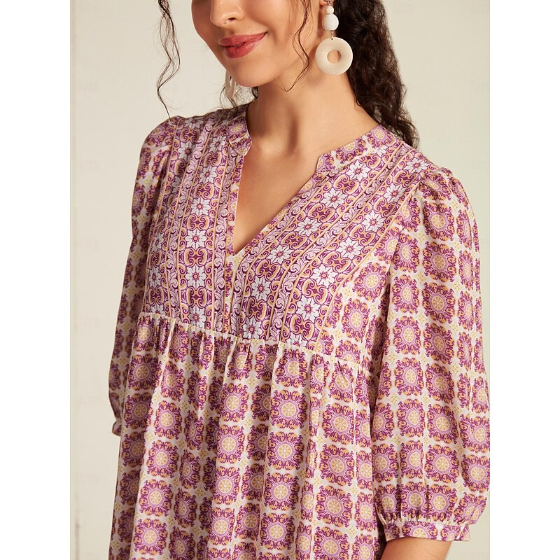 Chiffon Ethnic Floral Print Half Sleeve V Neck Midi Dress3