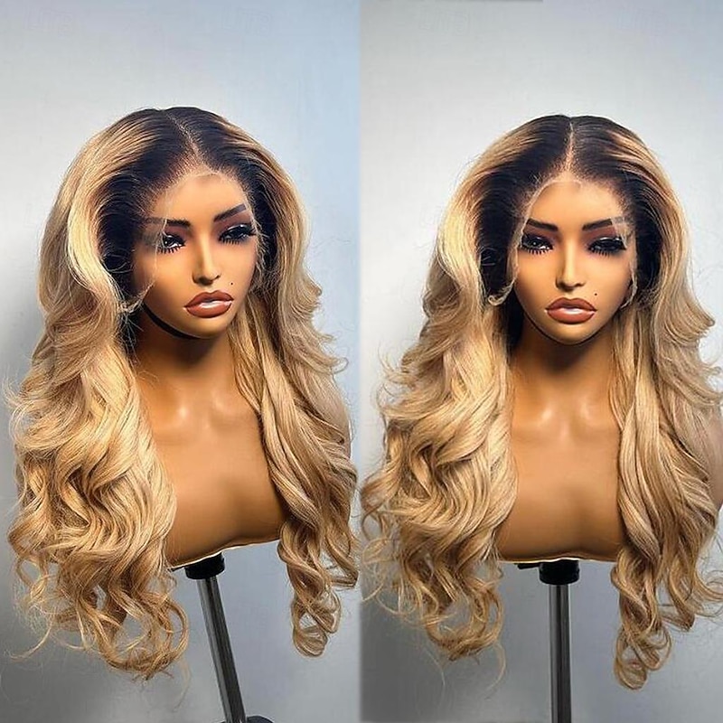 Unprocessed Virgin Hair 13x4 Lace Front Wig Middle Part Brazilian Hair Wavy Blonde Wig 130% 150% Density Ombre Hair Natural Hairline Glueless Pre-Plucked For Women Long Human Hair Lace Wig
