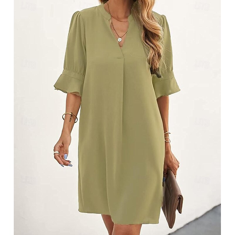 Women's Work Dress A Line Dress Tunic Dress Fashion Office Workfashion Mini Dress Ruffle V Neck Half Sleeve Plain Loose Fit Blue Rose Beige Summer Spring S M L XL 2XL4