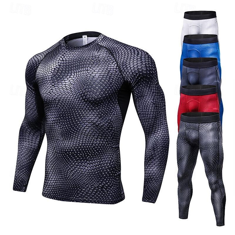 Men's Compression Shirt Gymnastics Suits Compression Set 2 Piece Elastic Waistband Snakeskin Compression Shirt and Pants Fall Dark Grey Black Spandex Gym Workout Jogging Running Soft Breathable Long