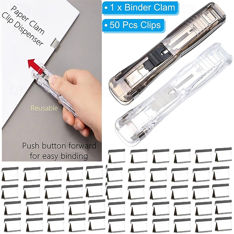 Paper Clam Clip Dispenser Handheld File Document Clipper with 50 Reuseable Stainless Steel Refill Clips for Home Office School