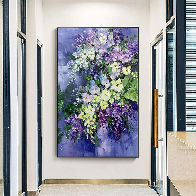 Large original art blooming orchid flower oil painting Abstract Blue Purple Yellow flower wall art living room decor palette knife painting Unframed2