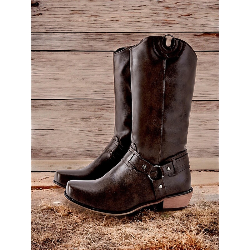 Women's Brown Faux Leather Western Cowboy Boots with Ring Harness - Durable and Stylish for Outdoor and Casual Wear2