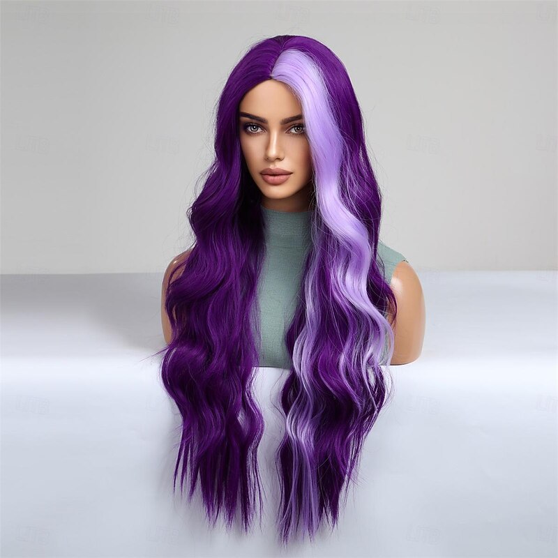 Synthetic Wig Uniforms Career Costumes Princess Straight kinky Straight Middle Part Layered Haircut Machine Made Wig 26 inch Purple / Blue Synthetic Hair Women's Cosplay Party Fashion Purple3