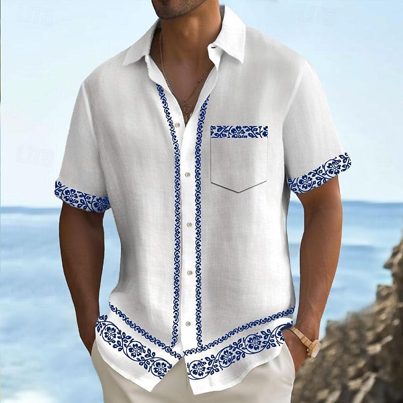 Men's Button Up Shirt Printed Shirts Short Sleeve Hawaiian Resort Outdoor Business / Ceremony / Wedding Summer Turndown Print Button-Down White