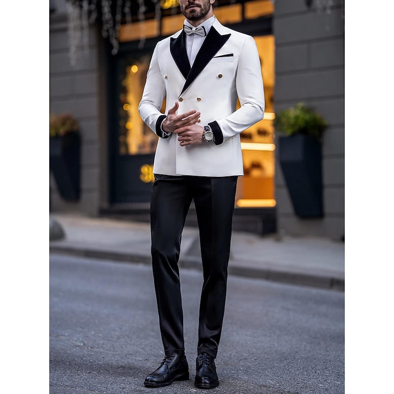 Men's Wedding Party Suits White Luxury Formal Solid Colored Tailored Fit 2 Piece Double Breasted Six-buttons3