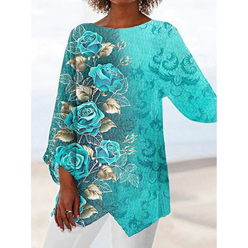 Women's T Shirt Floral Tie Dye Fashion Long Sleeve Round Neck Regular Tops Vacation Weekend Print Yellow Navy Blue Blue Spring &  Fall