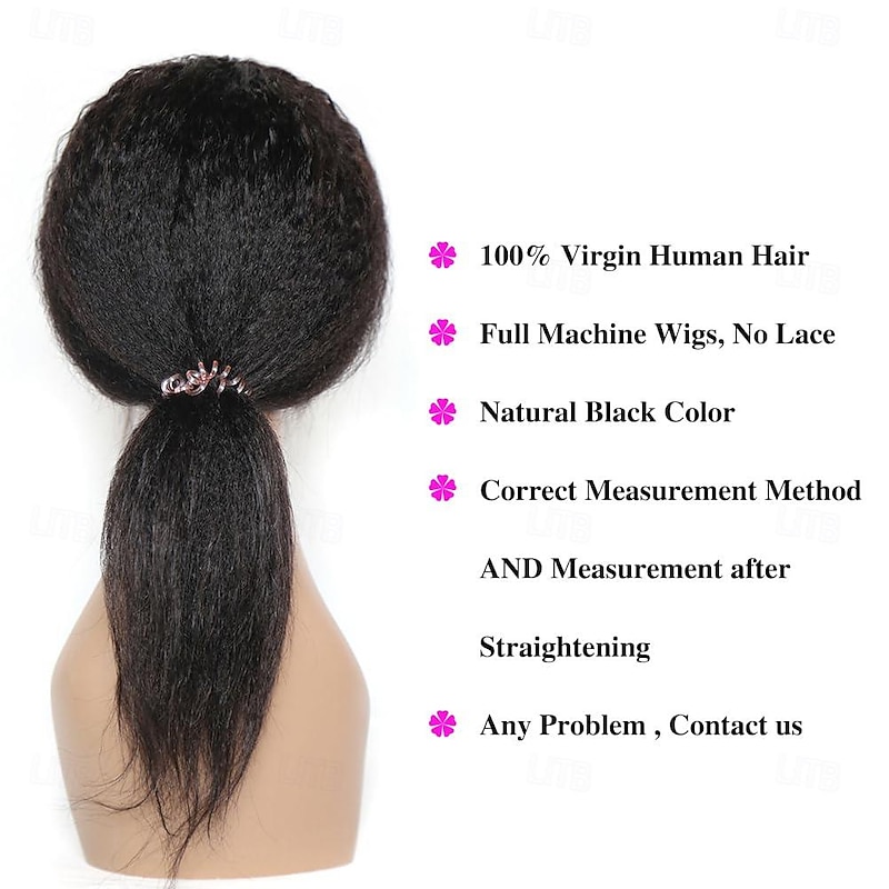 Human Hair Wig Short Medium Length kinky Straight Yaki Straight Side Part With Bangs Black Natural Color Natural Black Women Adjustable Thick Machine Made Capless Brazilian Hair All Natural Black #1B3