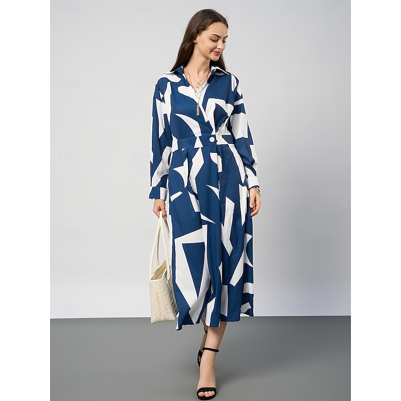 Women's Midi Dress A Line Dress Graphic Vintage Modern Office Ruched Button Long Sleeve Shirt Collar Dress Slim Blue Spring Fall S M L XL XXL4