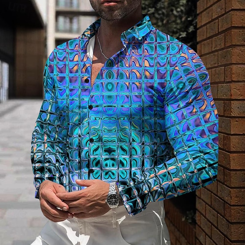 Men's Gradient Metallic Shirt Button Up Shirt Long Sleeve Vintage Casual Party Evening Wear Daily Fall Winter Spring & Summer Turndown Button Up 3D Print Blue Gold Gray2