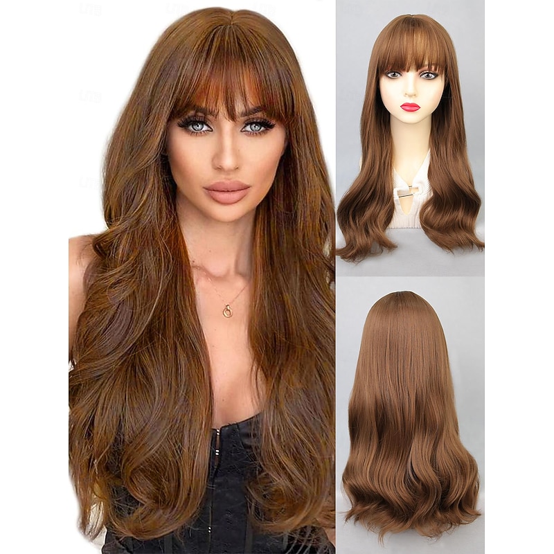 Synthetic Wig Bouncy Curl Neat Bang Wig 22 inch Light Brown Synthetic Hair Women's Light Brown