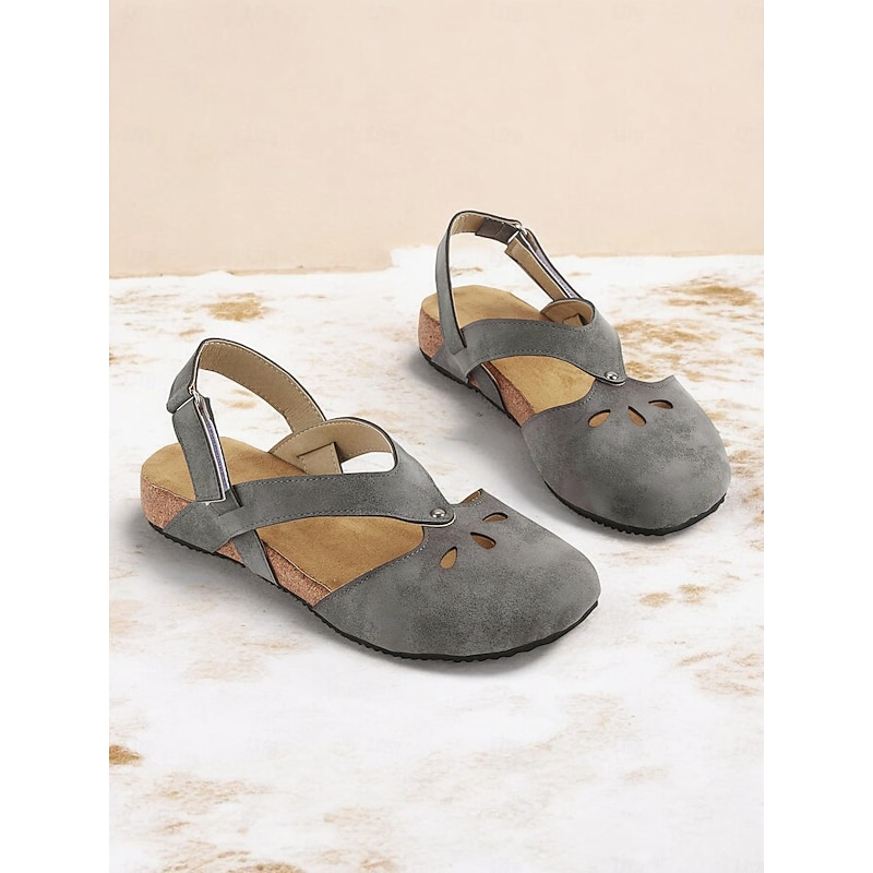 Women's Vintage-Style Gray Suede Sandals with Cut-Out Design and Cork Sole - Comfortable and Stylish for Summer Wear2