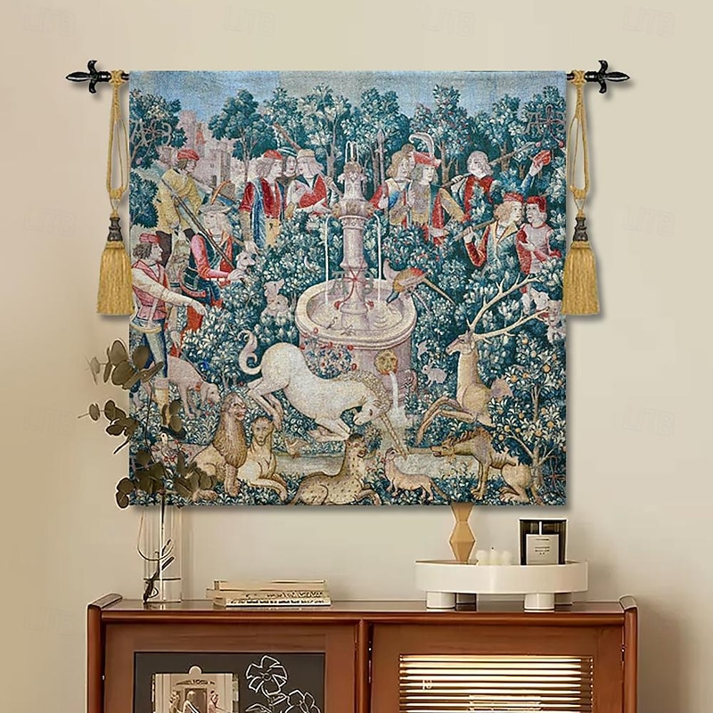 Jacquard Woven Tapestry Gobelin Aubusson Wall Hanging Hunt of the Unicorn Begian Wall Tapestry Loom Cotton Weave Living Room Bedroom Decoration(without Stick and Tassels)