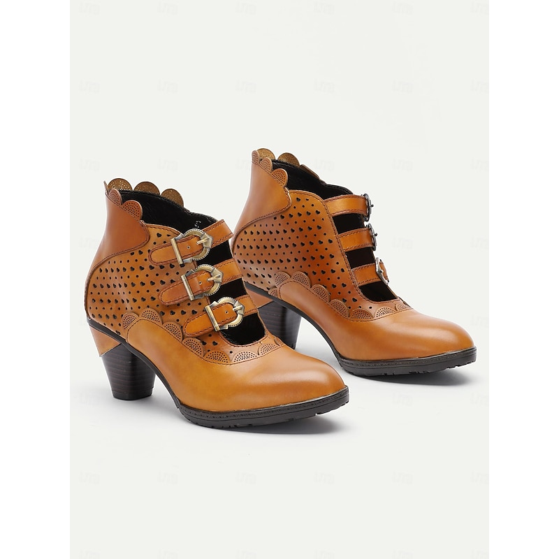 Women's Vintage Buckle Strap Ankle Boots - Brown Perforated High Heels for Oktoberfest, Casual, and Formal Wear4