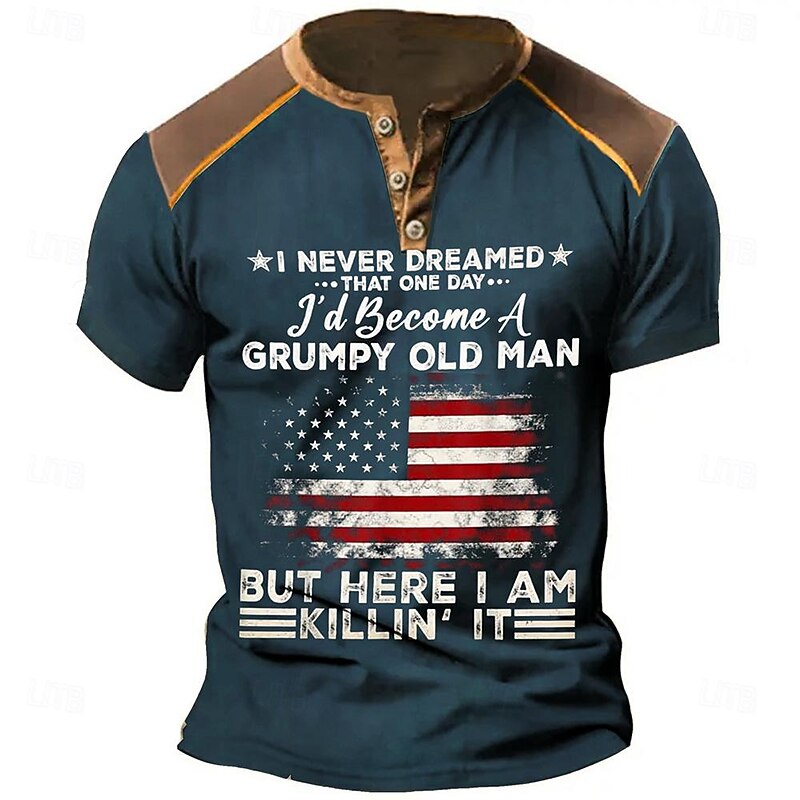 Men's Grumpy Old Man Funny Henley T-Shirt with Distressed American Flag Print. Short Sleeve Humorous Gift for Dad, Grandpa, Patriotic Men.