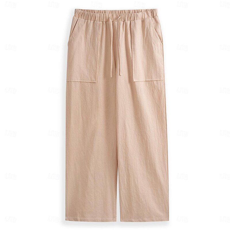 Men's Linen Pants Trousers Summer Pants Beach Pants Drawstring Pocket Elastic Waist Plain Daily Streetwear Fashion Casual Black White3