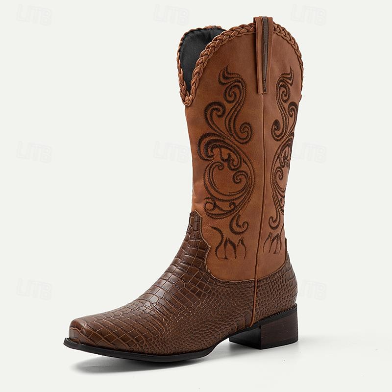 Men's Brown Western Cowboy Boots with Embroidered Design and Faux Crocodile Pattern - Stylish and Durable2