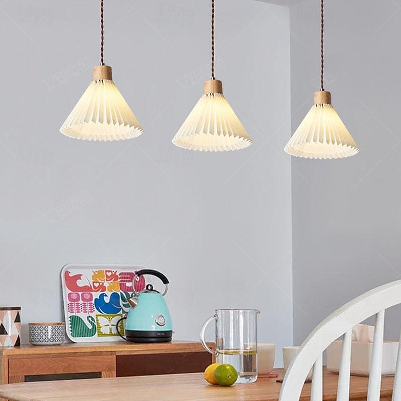 Nordic Style Wood Pendant Light with White Pleated Fabric Shade - Wooden Single Suspension Lamp Ceiling Hanging Lighting Fixture Kit, Chandeliers for Kitchen Island Dining Room 85-265V3