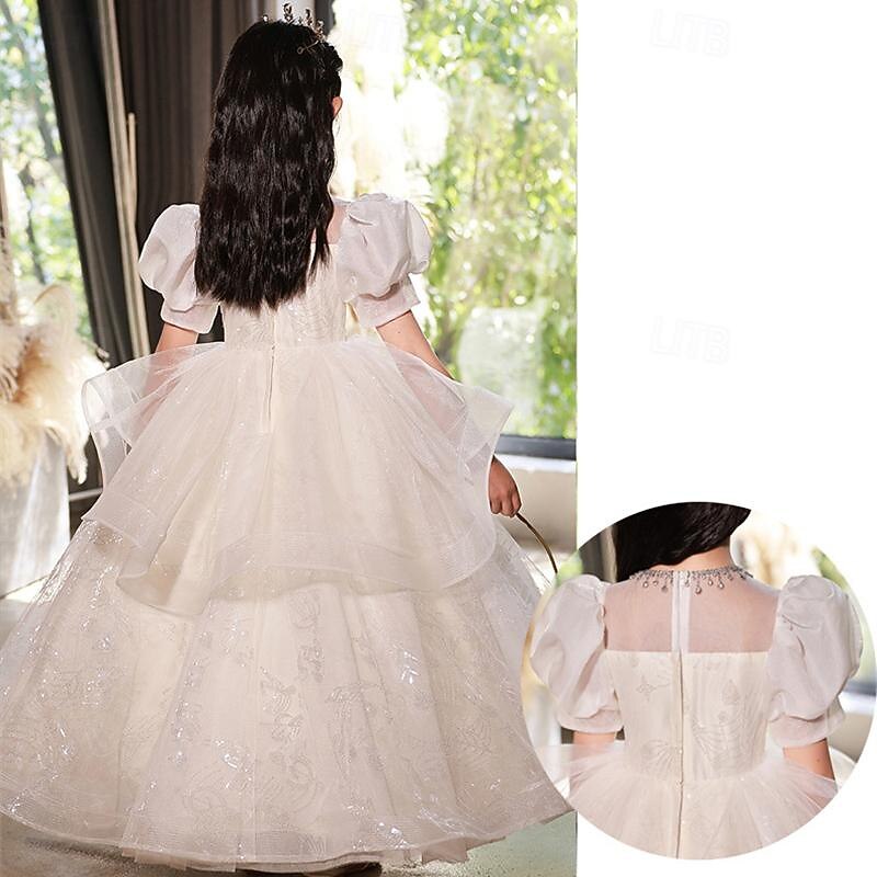 Girls' 3D Solid Color Flower Girl Dress Party Dress Short Sleeve Summer Performance Wedding Party Princess Beautiful Sweet Kids 4-12 Years Party Dress Swing Dress Tulle Dress Maxi Regular Fit4