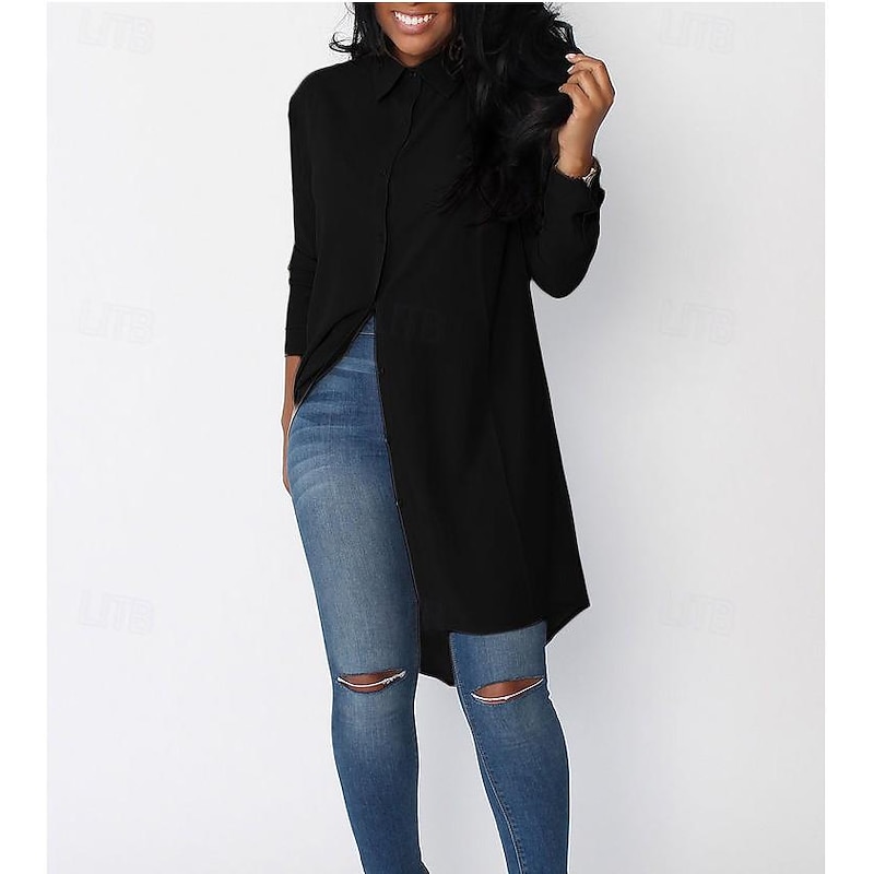 Women's Shirt Blouse Plain Casual Long Sleeve Shirt Collar Long Tops Daily Buttons Black Green Khaki Gray Spring & Summer2