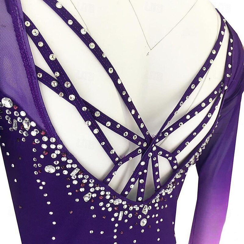 Figure Skating Dress Women's Girls' Ice Skating Dress Purple Patchwork Thumbhole Mesh High Elasticity Training Competition Skating Wear Classic Long Sleeve Ice Skating Figure Skating3