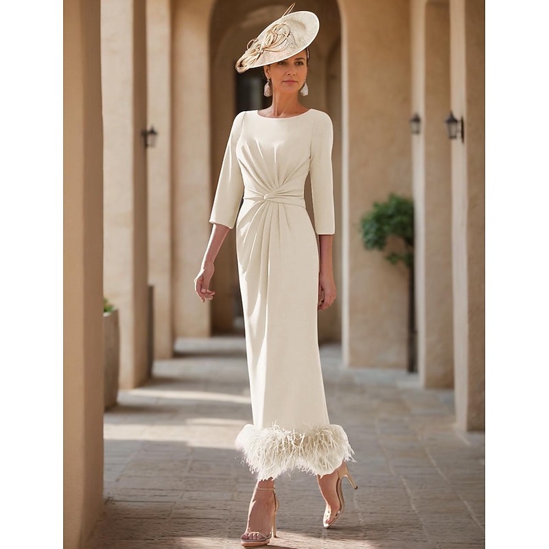 Sheath Mother of the Bride Dress Wedding Guest Elegant Jewel Neck Ankle Length Stretch Fabric Half Sleeve with Feather stretch dress