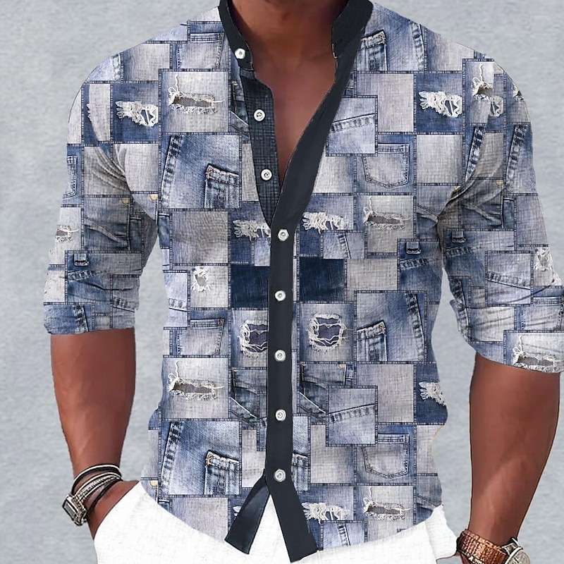 Men's Shirt Button Up Shirt Long Sleeve Vintage Casual Vacation Daily Summer Spring &  Fall Grandad Collar Band Collar Button Up 3D Print Blue