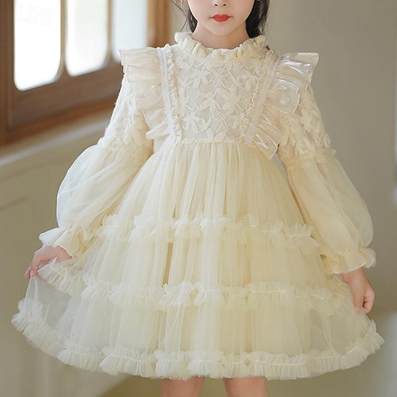 Kids Girls' Flower Girl Dress Party Dress Solid Color Long Sleeve Performance Wedding Party Mesh Princess Beautiful Sweet Polyester Knee-length Party Dress Swing Dress Tulle Dress Summer Spring 5-134