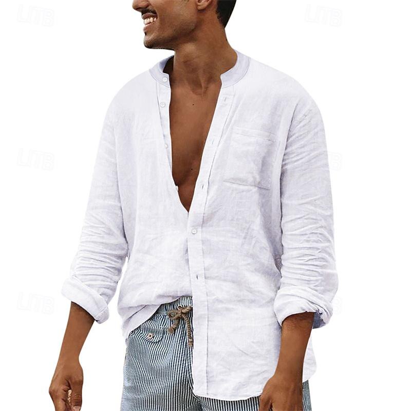 Men's Shirt Summer Shirt Casual Shirt Beach Shirt Button Up Shirt Black White Navy Blue Brown khaki Long Sleeve Plain Grandad Collar Band Collar Vacation Hawaiian Front Pocket Clothing Apparel4