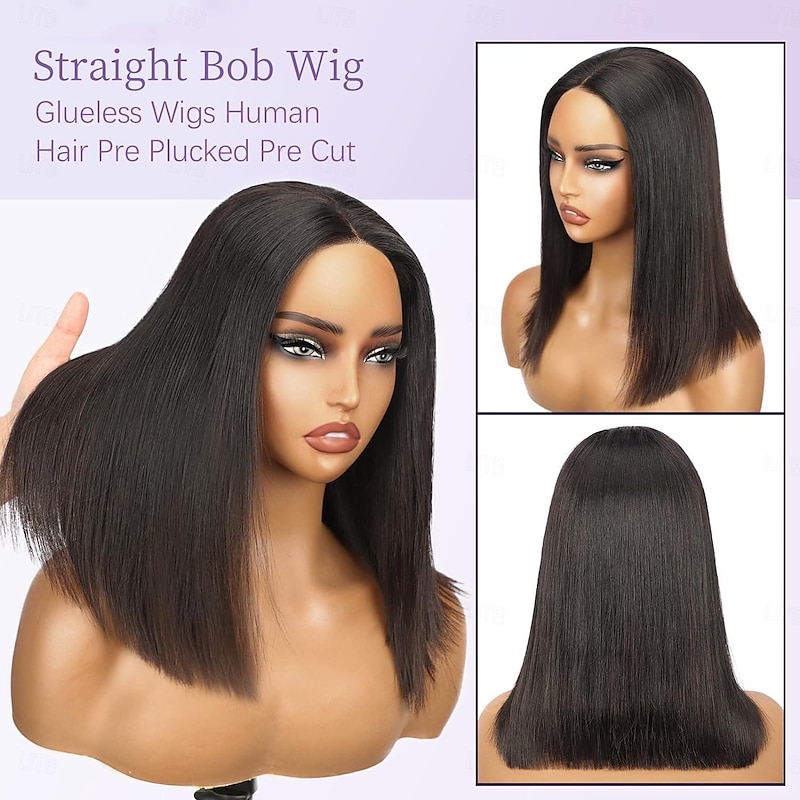 Put On and Go Glueless Wigs Bob Human Hair Pre Plucked Bob Wig Human Hair Glueless Wigs for Beginners Pre Cut Straight Short Bob Wig 4x4 HD Lace Closure Wigs for Black Women Natural Color4