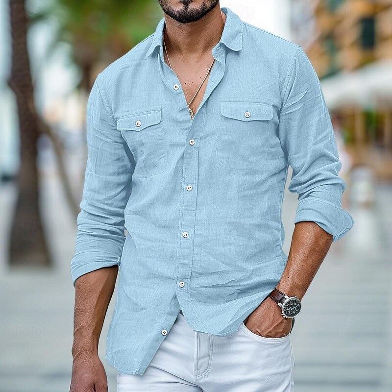 Men's Shirt Linen Shirt Beach Shirt Solid Color Vacation Curise White Blue Green Khaki Long Sleeve Fold-over Collar Clothing Apparel Pocket4