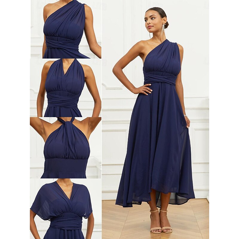 Women's Wedding Guest Cocktail Dress A Line Midi Chiffon Ruched Belted Elegant Formal One Shoulder Sleeveless Dress Navy Blue Color2