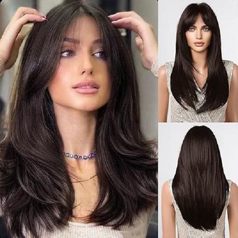 Ombre Blonde Wig for Women Long Straight Layered Wig with Bangs Synthetic Hair with Highlight Halloween Wigs