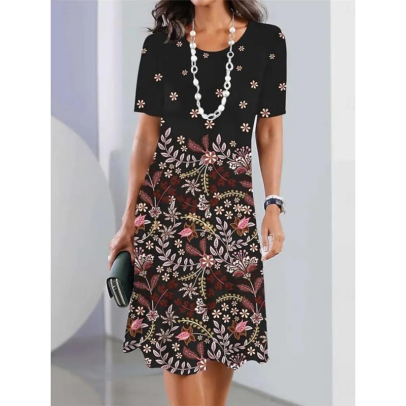 Women's Floral Print Crew Neck Midi Dress Formal Party Vacation Short Sleeve Summer