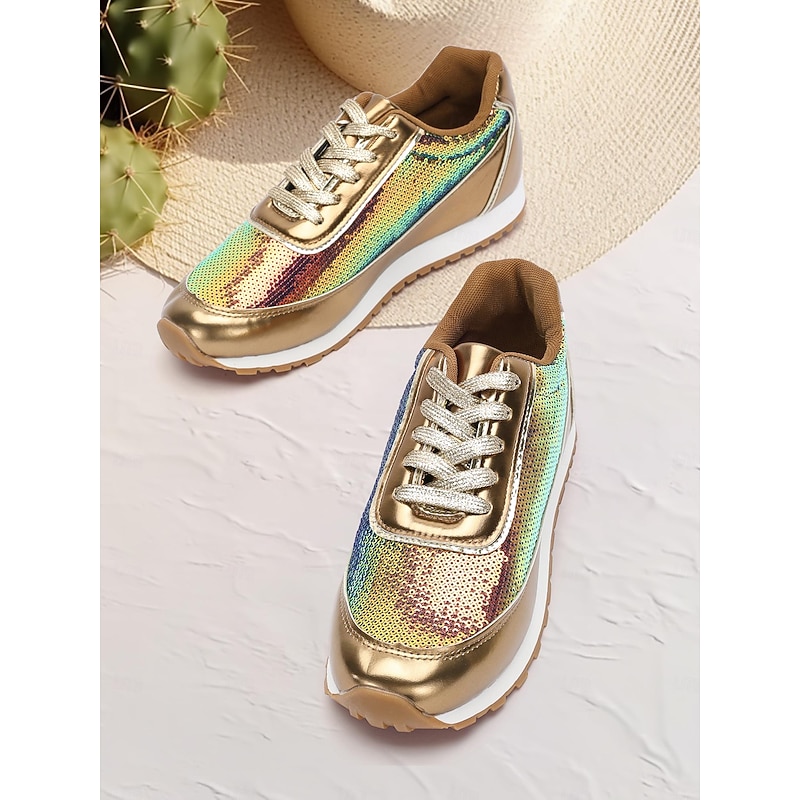 Women's Gold Metallic Sequin Sneakers - Stylish and Trendy Casual Shoes for Parties and Events