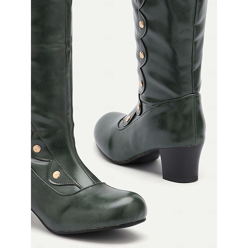 Women's Green Knee-High Vintage Fashion Boots - Stylish Button-Decorated Heeled Boots for Fall and Winter, Perfect for Casual and Formal Wear4
