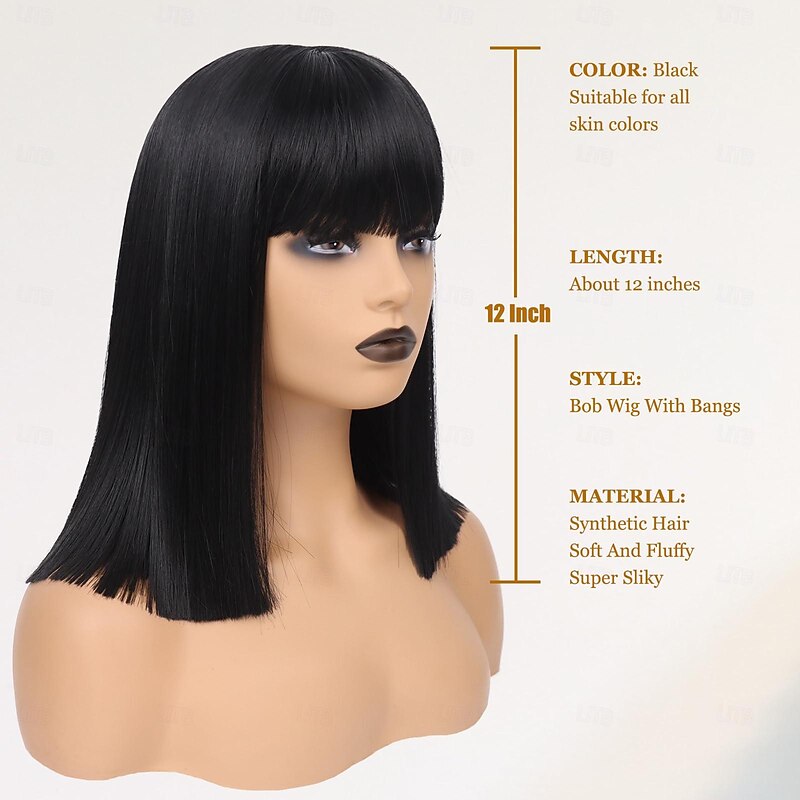 Black Bob Wig with Bangs for Women Short Straight bob Wigs with Golden Sequin Heat Resistant Synthetic Hair Bob Cut Wig Mia Wallace Cleopatra Halloweeen Cosplay Costume Wig2