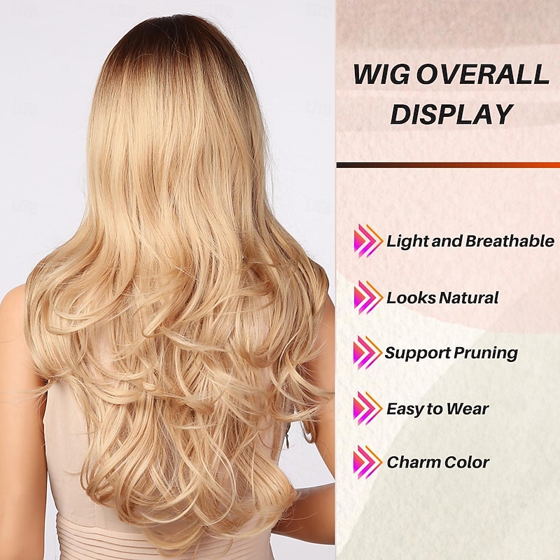 Blonde Wig with Bangs - Long Wavy Ombre Curtain Bang Wigs for White Women, Light Ash Blond Dark Roots Synthetic Heat Resistant Hair, Natural Cute Strawberry Wigs for Halloween/Christmas4
