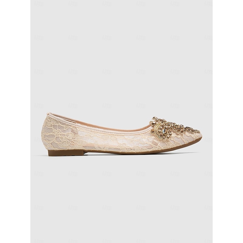 Elegant Women's Beige Lace Ballet Flats with Ornate Rhinestone Embellishments – Perfect for Weddings and Formal Events3