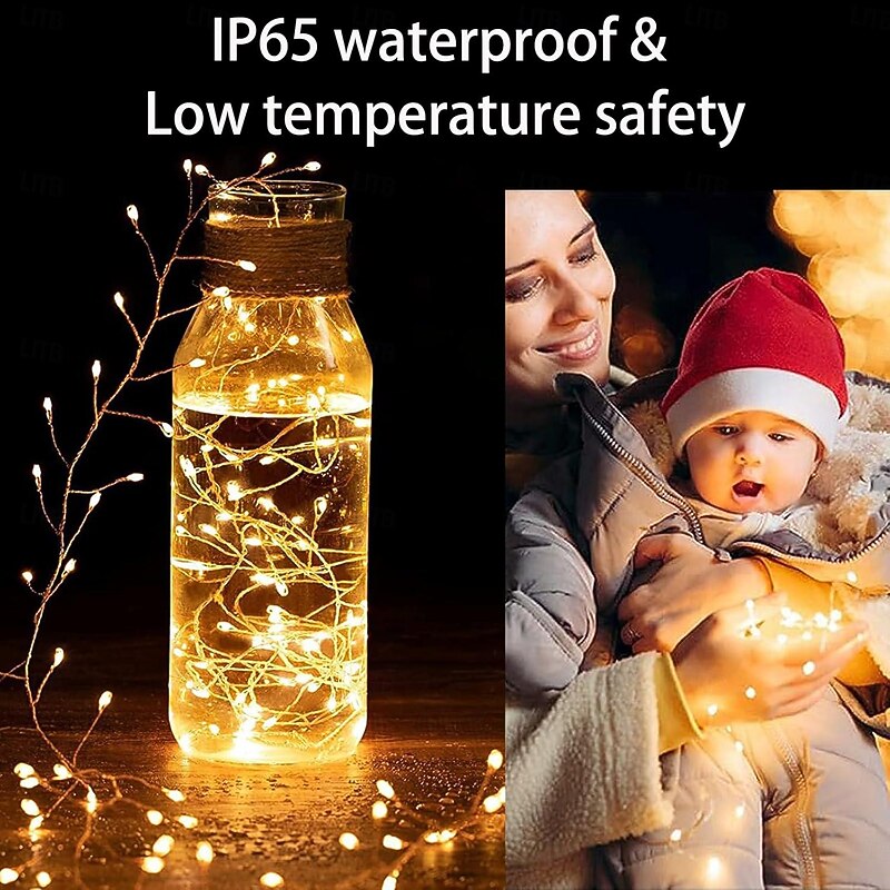 Solar Waterproof Copper Wire String Lights LED Firecracker Lights 6m 200LEDs Indoor Outdoor Holiday Garden Christmas Party Halloween Decoration Multi Color Lights3