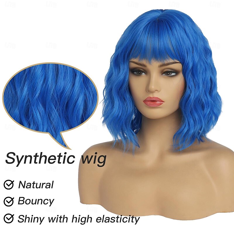 Short Wigs for Women Wavy Bob Wig with Bangs Medium Length Synthetic Hair Water Wave Dark Roots Wig Halloween Cosplay Party Wigs3