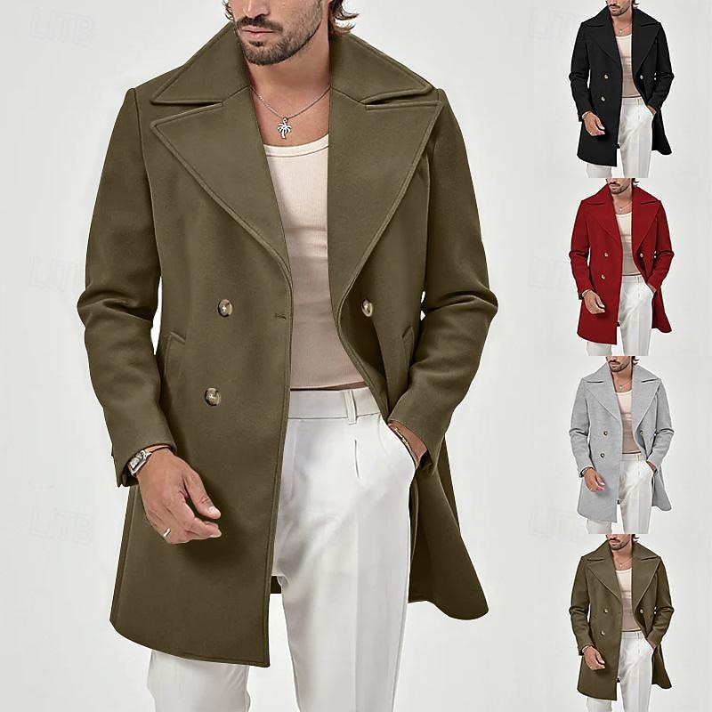 Men's Coat Trench Coat Daily Vacation Fall & Winter Polyester Soft Outerwear Clothing Apparel Fashion Classic Plain Pocket Turndown Double Breasted