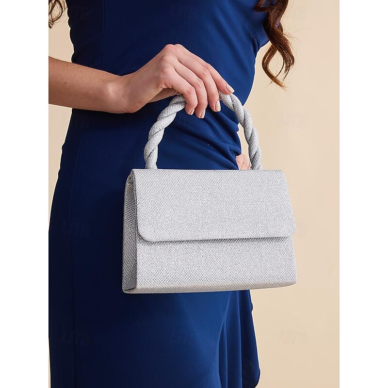 Women's Silver Glitter Handbag with Braided Handle and Chain Strap for Evening Events and Parties3