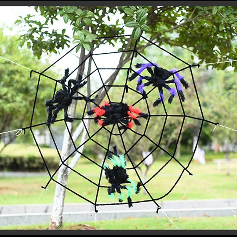 Halloween Spider Web + Spider Decorations Fake Spider with Triangular Huge Spider Web for Indoor Outdoor Halloween Decorations Yard Home Costumes Parties Haunted House Décor2