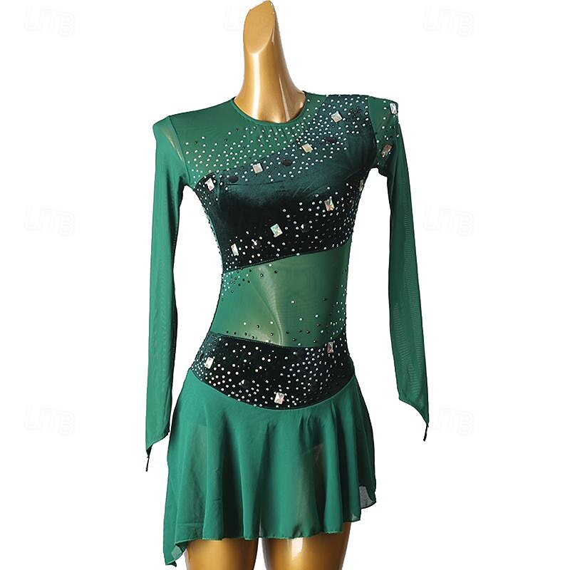 Figure Skating Dress Women's Girls' Ice Skating Dress Dark Green Patchwork Open Back Mesh Spandex High Elasticity Training Practice Professional Skating Wear Classic Crystal / Rhinestone Long Sleeve