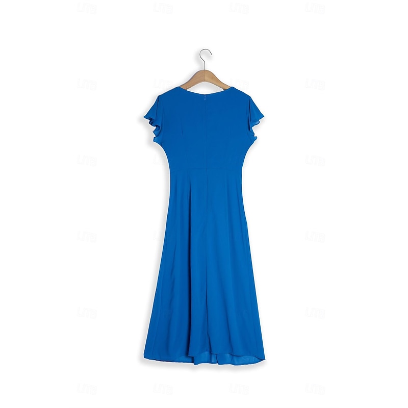 Women's Wedding Guest Cocktail Dress Chiffon Ruched Ruffle Elegant Formal Wrap Midi Dress V Neck Ruffle Sleeve Blue Green Color 14